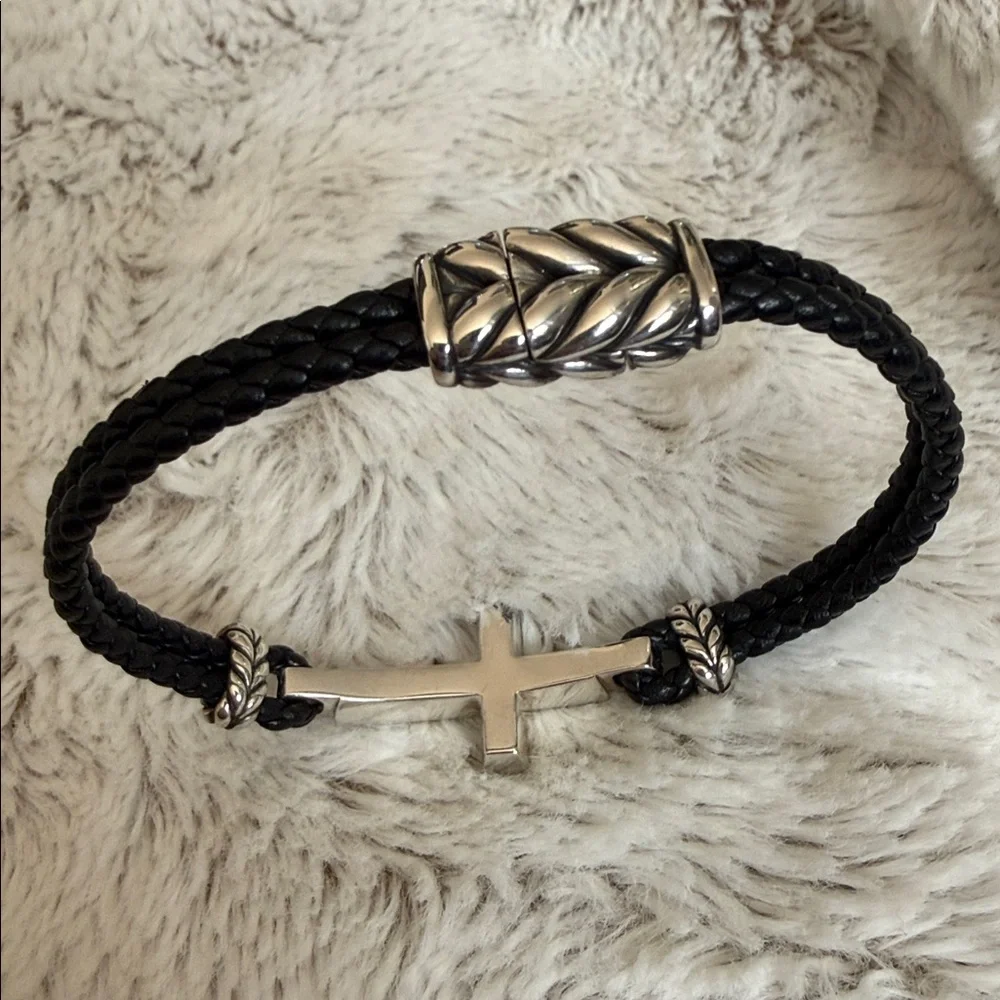 David Yurman Black Leather Bracelet with Silver Cross Accent